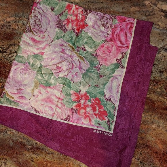 Albert Nipon Silk Floral Textured Hand Rolled Edge Scarf Japan 34x34" - Picture 1 of 6